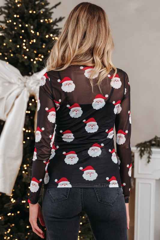 Santa Christmas Mesh Long Sleeve Top