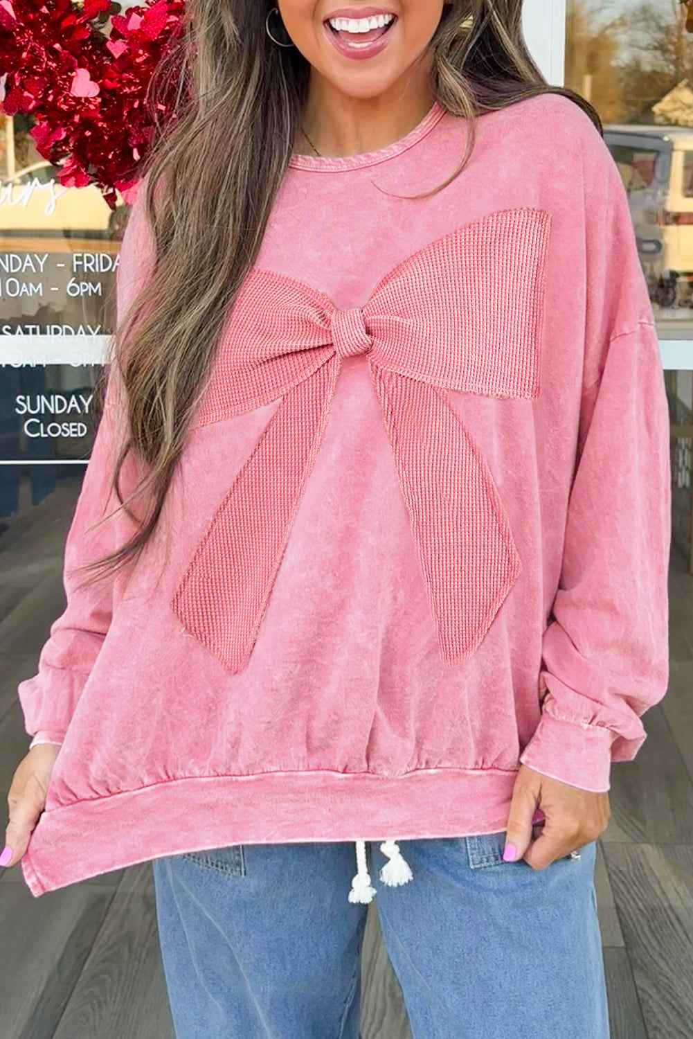 Bright Pink Mineral Wash Waffle Bow Patched Pullover Sweatshirt Bright Pink 85%Cotton+15%Polyester 2df6e32850e0bf25