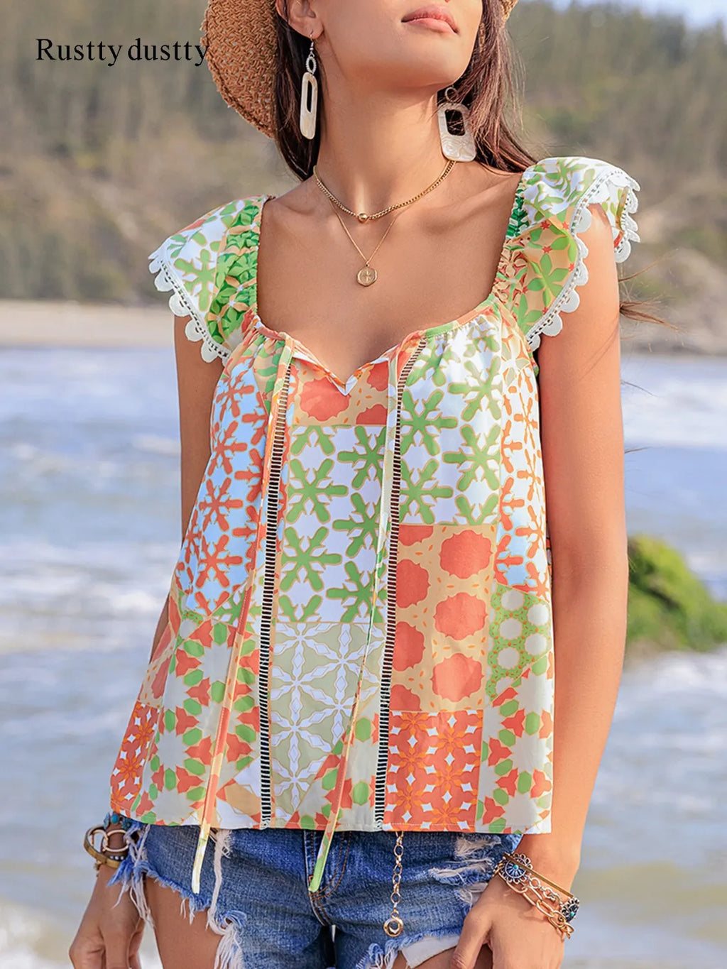 Lace Detail Printed Tie Neck Cap Sleeve Blouse 2e214ca0-f82c-4424-beef-035c12c803b5-Max-Origin