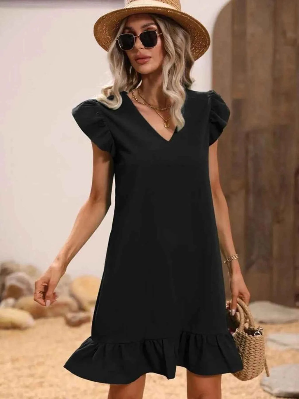 V-Neck Ruffle Hem Mini Dress with Flutter Sleeves 2e33f56a24b54d65b623fdeb4e5f67bb-Max-Origin