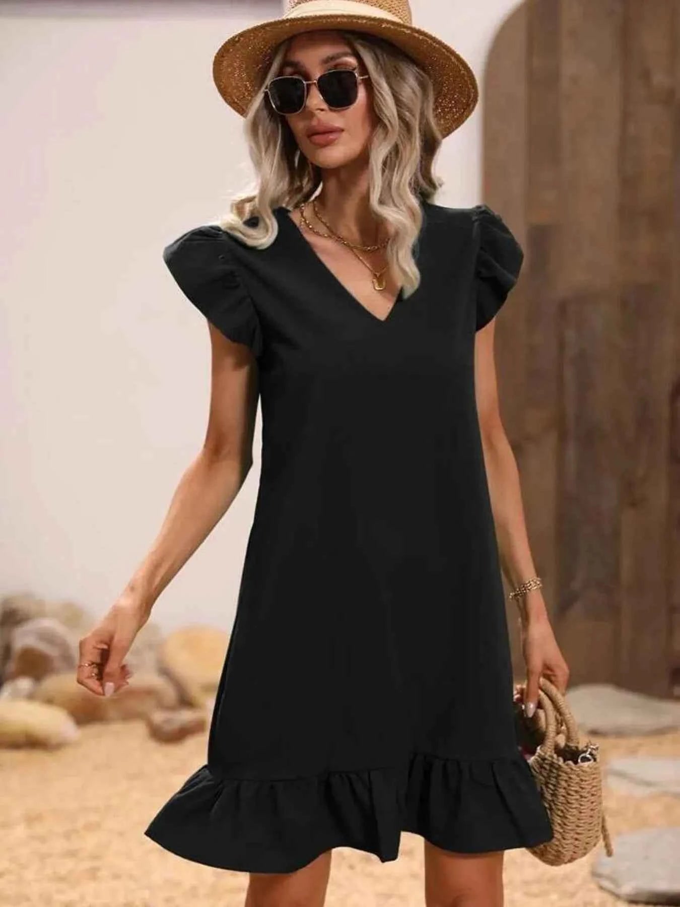 V-Neck Ruffle Hem Mini Dress with Flutter Sleeves 2e33f56a24b54d65b623fdeb4e5f67bb-Max-Origin