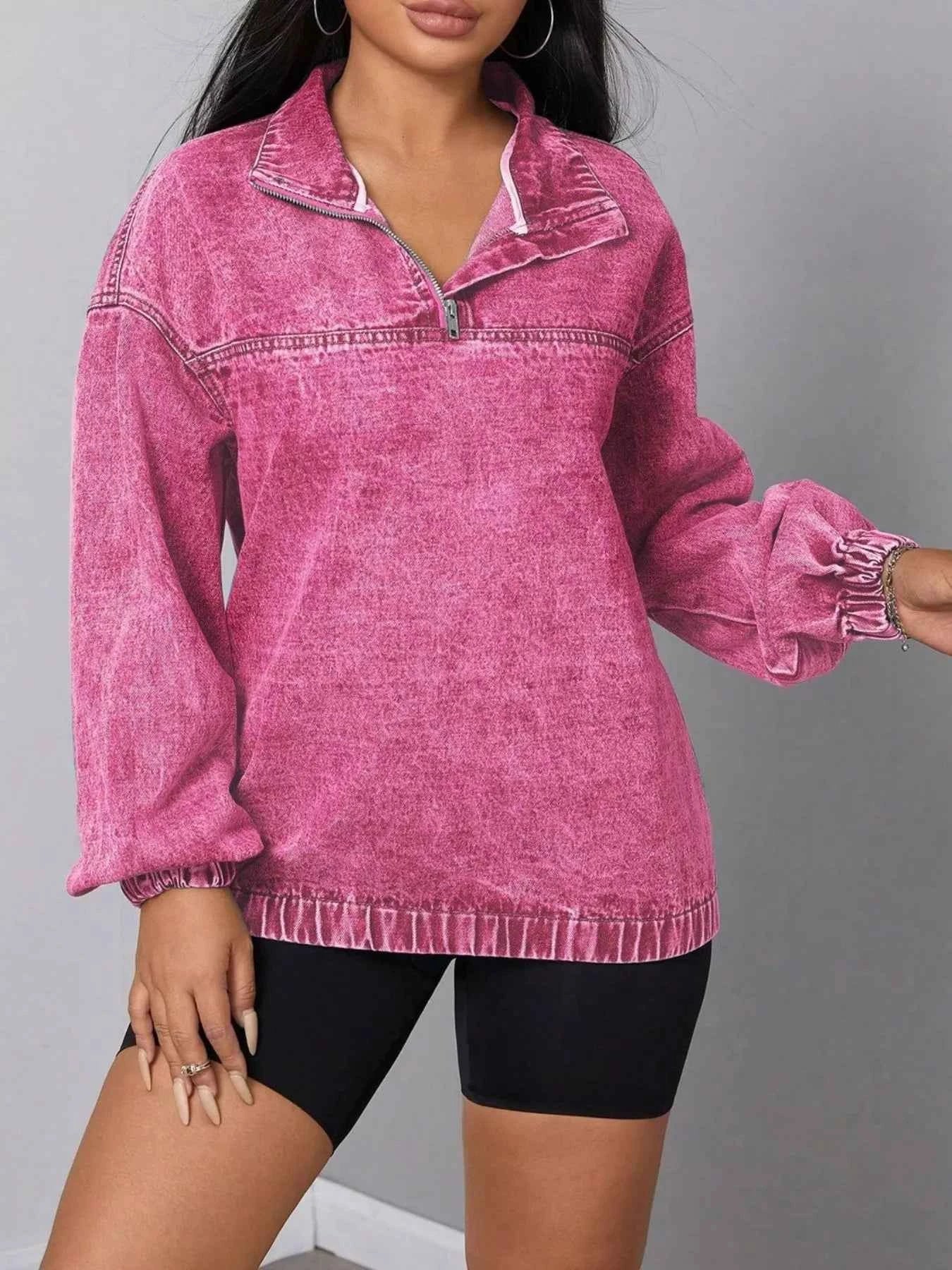 Zip Collar Long Sleeve Denim Top 2e5053ce-2263-49e2-ac4e-65d4b30059ca-Max-Origin