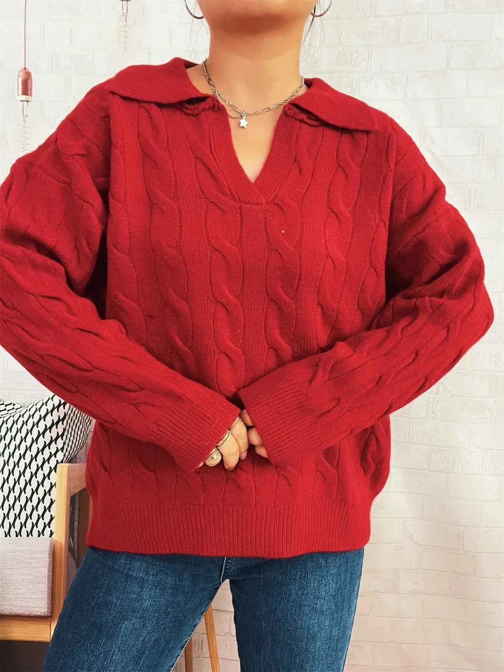 Cable Knit Johnny Collar Sweater 2e5d531ec0324637863f176879896337-Max-Origin