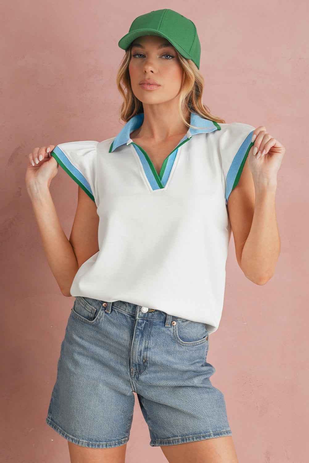 White Pop of Color Collared V Neck Ruffle Sleeve Blouse 2e601f470b43a3b2