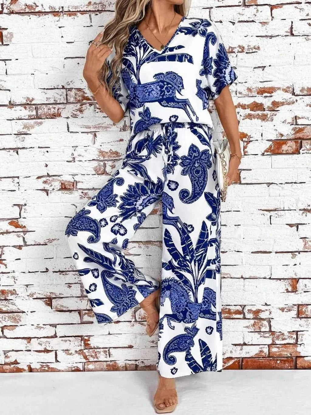 Printed V-Neck Top and Wide Leg Pants Set 2e6ef62f11e64073a25236cdda7b2671-Max-Origin