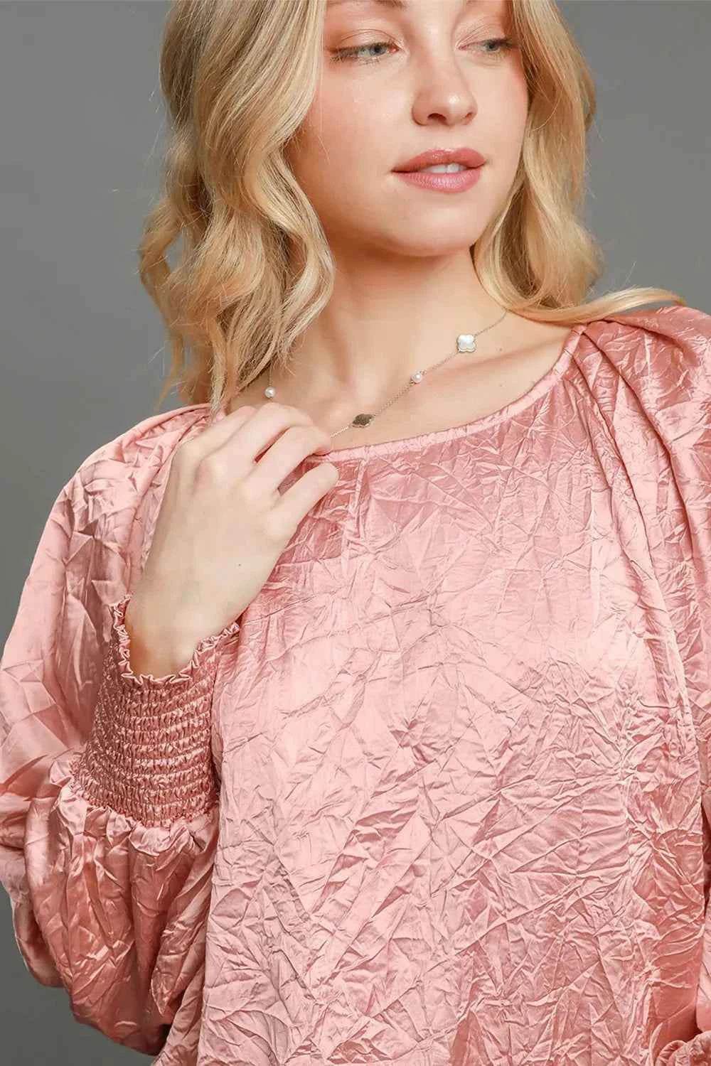 Umgee Wrinkled Round Neck Lantern Sleeve Blouse 2e743bc1-1598-472a-ae05-1a2d116897d0-Max