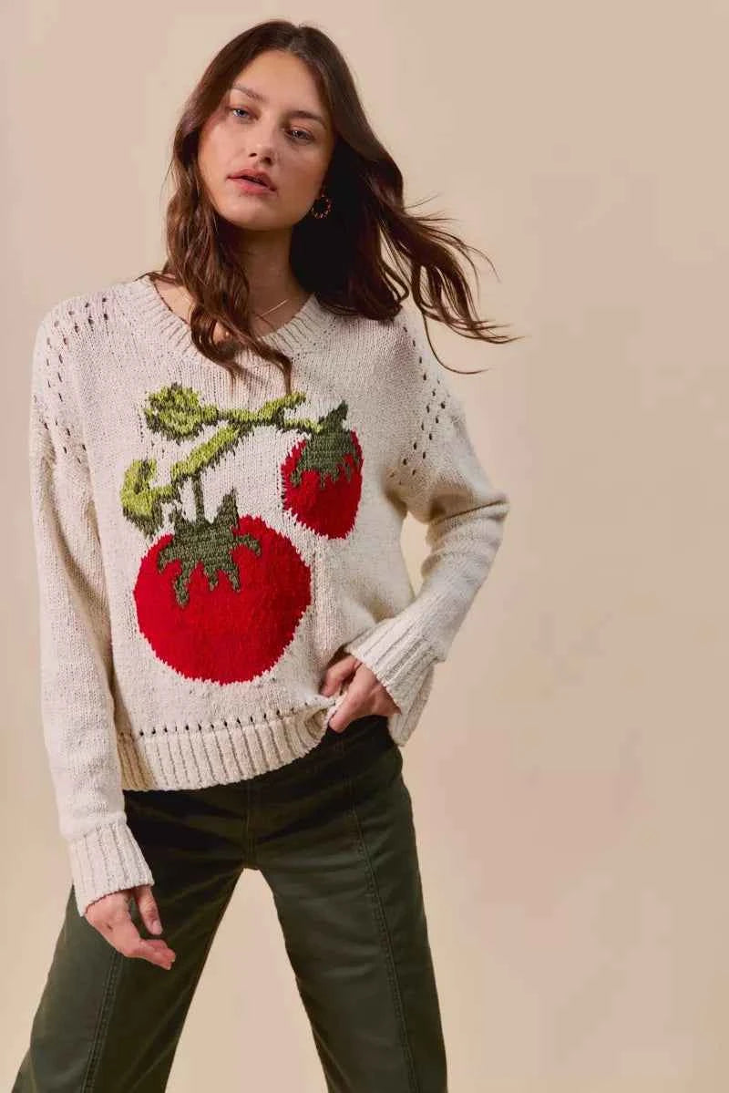 SO ME Vegetable Round Neck Long Sleeve Sweater 2e776f959cc74ec0a977d4b820a977ae-Max-Origin