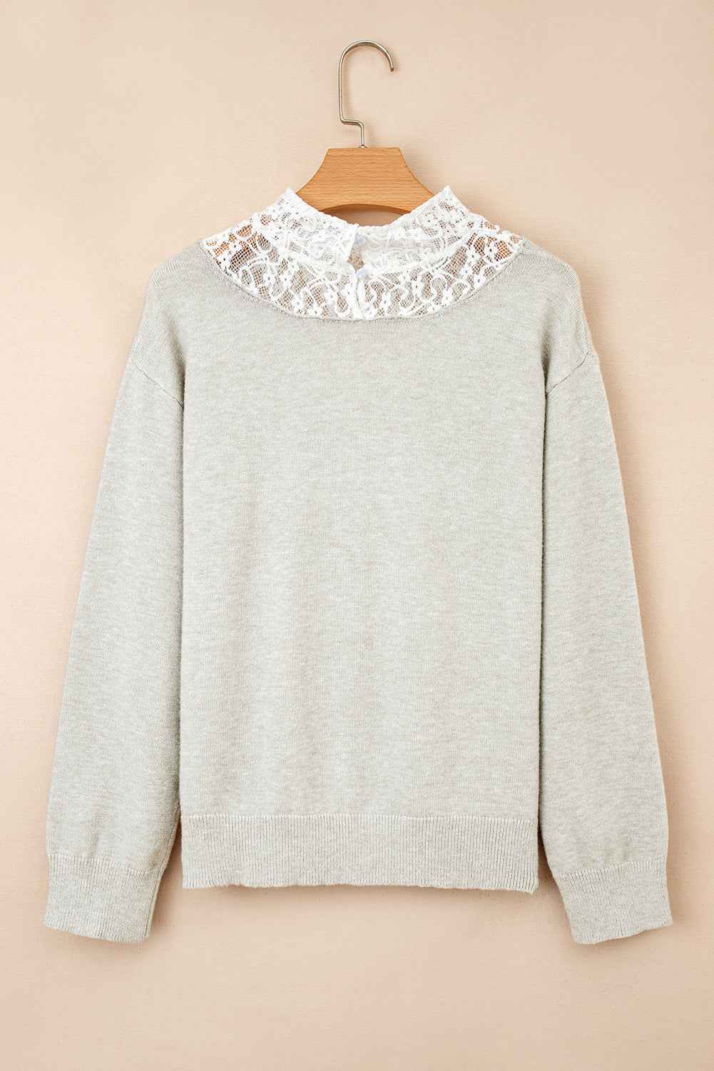 Light Grey Button Keyhole Lace Patchwork Drop Shoulder Sweater 2e94994326a1a8ce