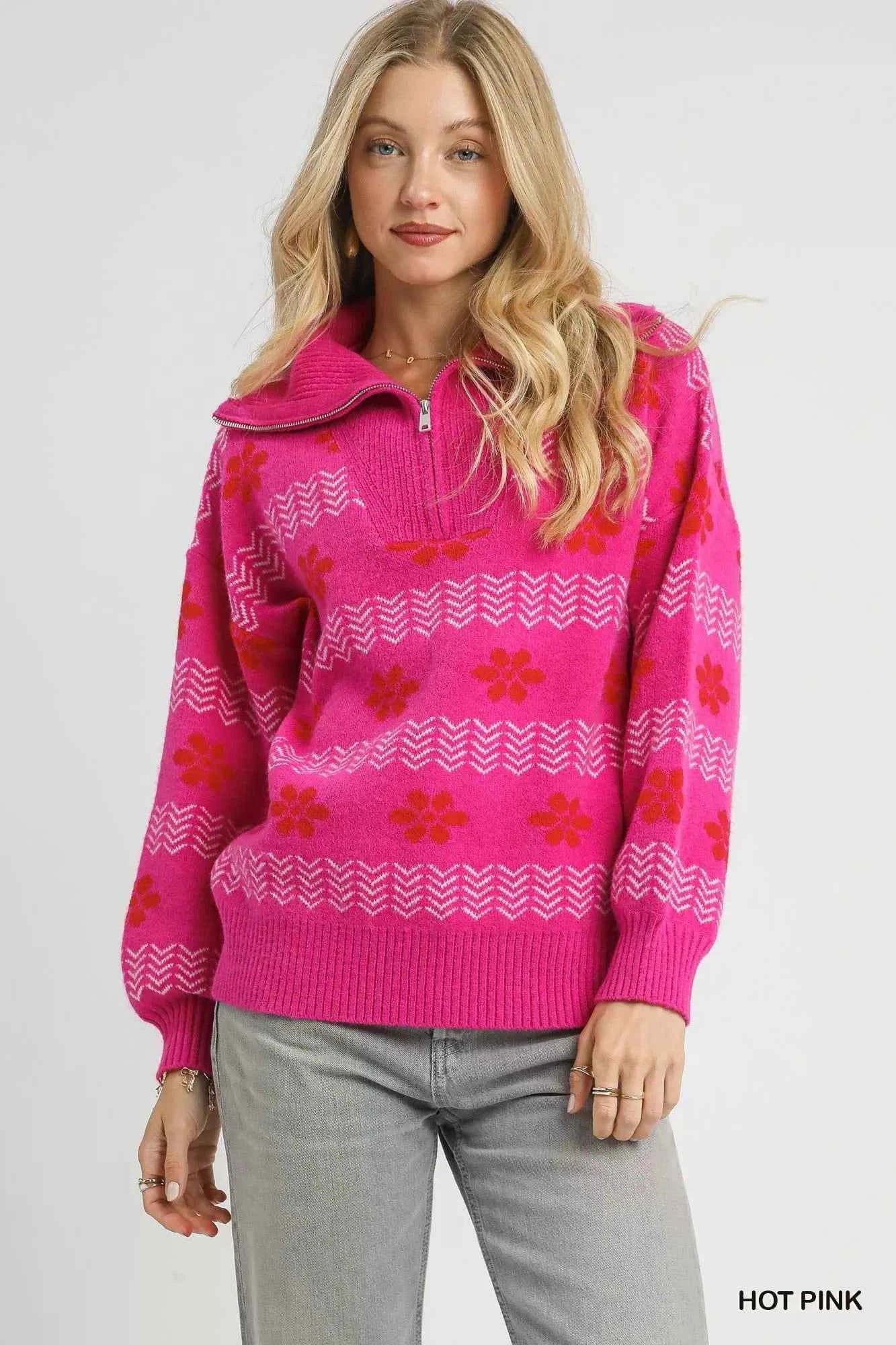 Umgee Floral Patterned Jacquard Quarter-Zip Pullover Sweater HOT PINK 2e9c56f4-0188-46d1-86a2-e2749b5a976b-Max-Origin