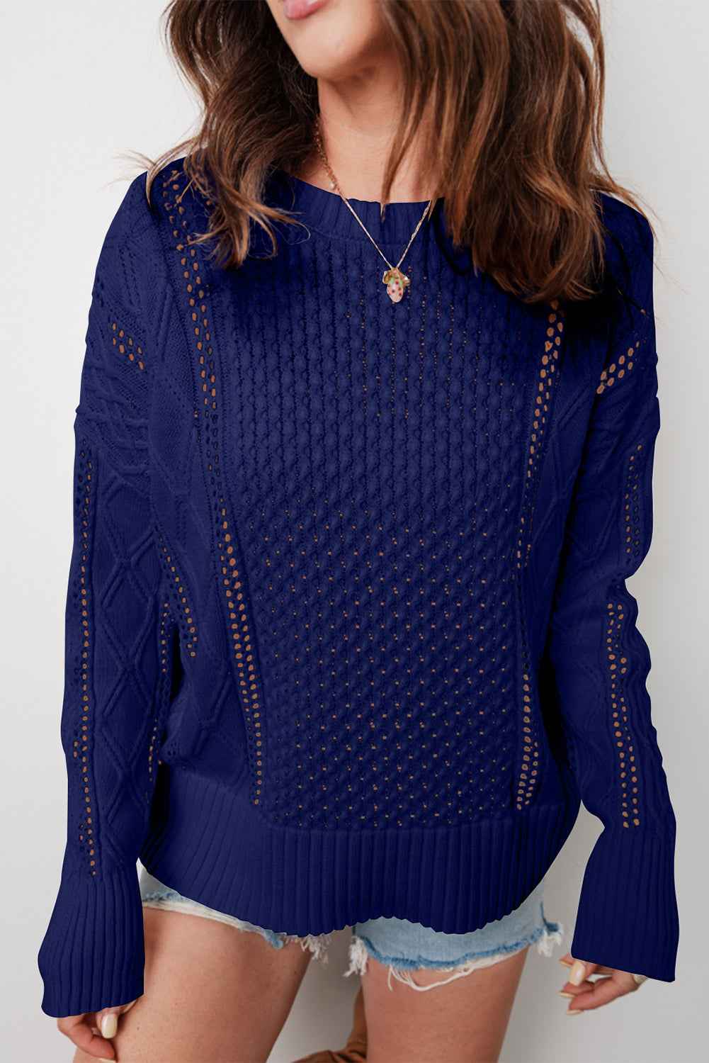 Navy Blue Mix Texture Knit Eyelet Detail Casual Sweater Navy Blue 52%Viscose+26%Polyester+22%Polyamide 2ea6884d348316cf