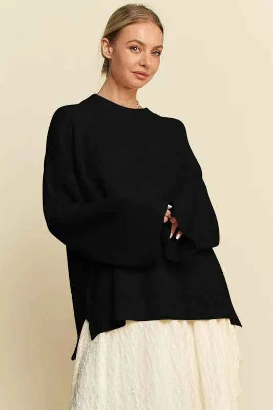 Davi & Dani High-Low Round Neck Drop Shoulder Sweater Black 2ec842bc-2a96-433d-961c-4295e6af143b-Max