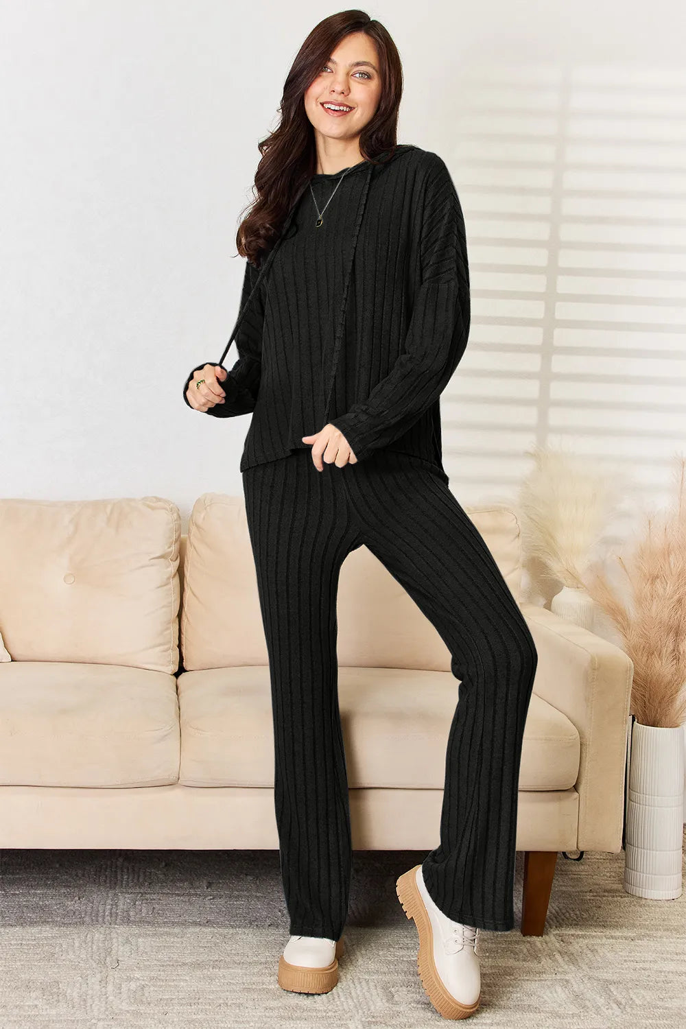 Basic Bae Full Size Ribbed Drawstring Hooded Top and Straight Pants Set Black 2ee1b4fa-bef4-4ac1-addd-85c3b7986136-Max