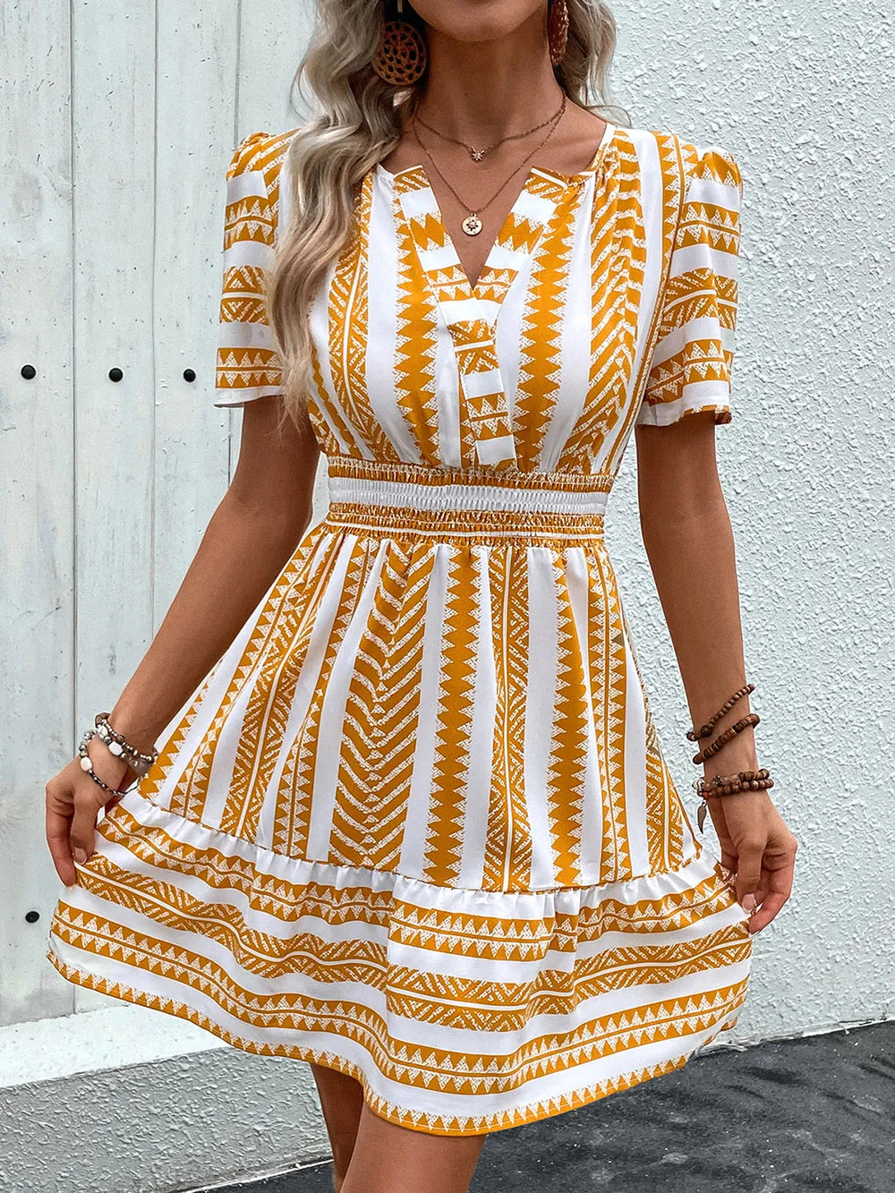 Perfee Geometric Notched Short Sleeve Mini Dress 2eebd1fb-1ad0-4d02-8974-d8545ce971ec-Max