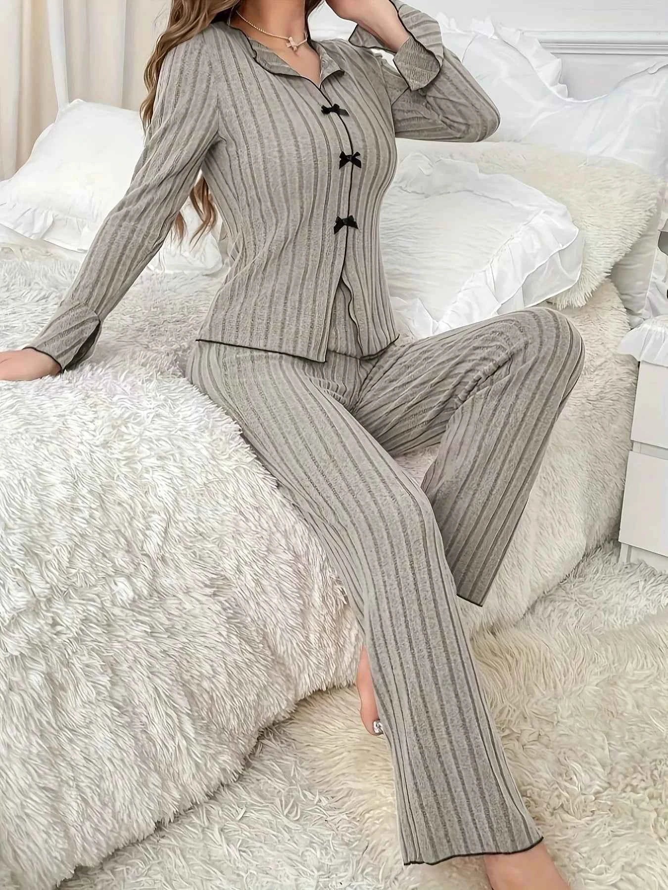 Ribbed Bow Front Top and Pants Lounge Set Dark Khaki Color 2ef4a8bd34af43f4a49acd5d76c5a828-Max-Origin