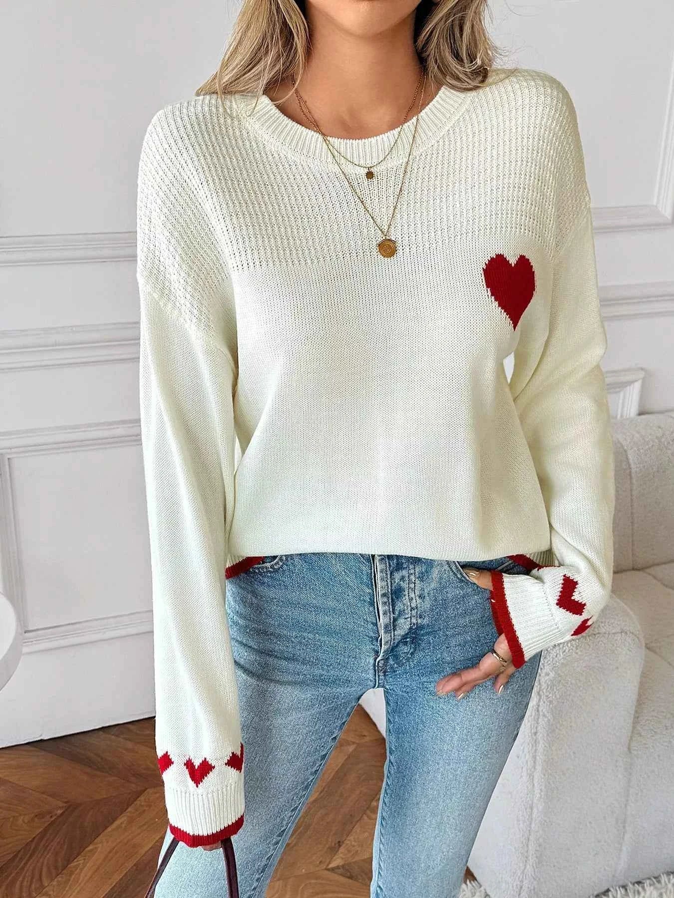 Heart Pattern Dropped Shoulder Sweater White 2f2c5a6ac42649ec974022046522ddae-Max-Origin