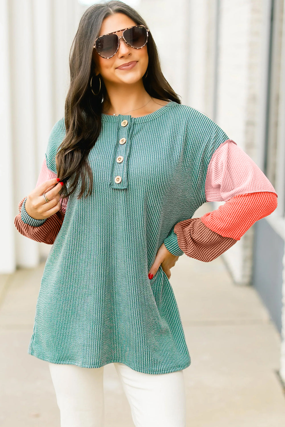 Multicolour Twisted Ribbed Colorblock Patchwork Henley Top 2f372c168516fc20