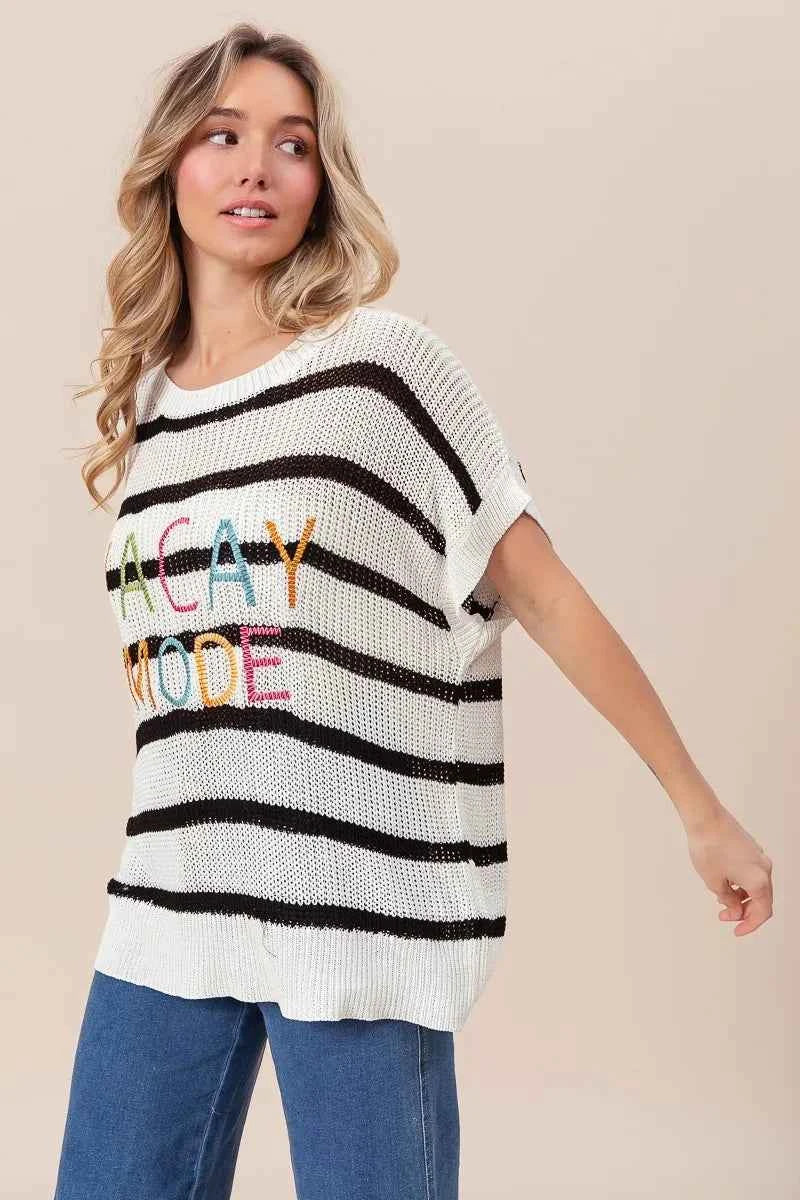 BiBi Vacay Mode Lettering Drop Shoulder Striped Sweater 2f3f46978d74430a9fe28fc6fc5a1b95-Max-Origin