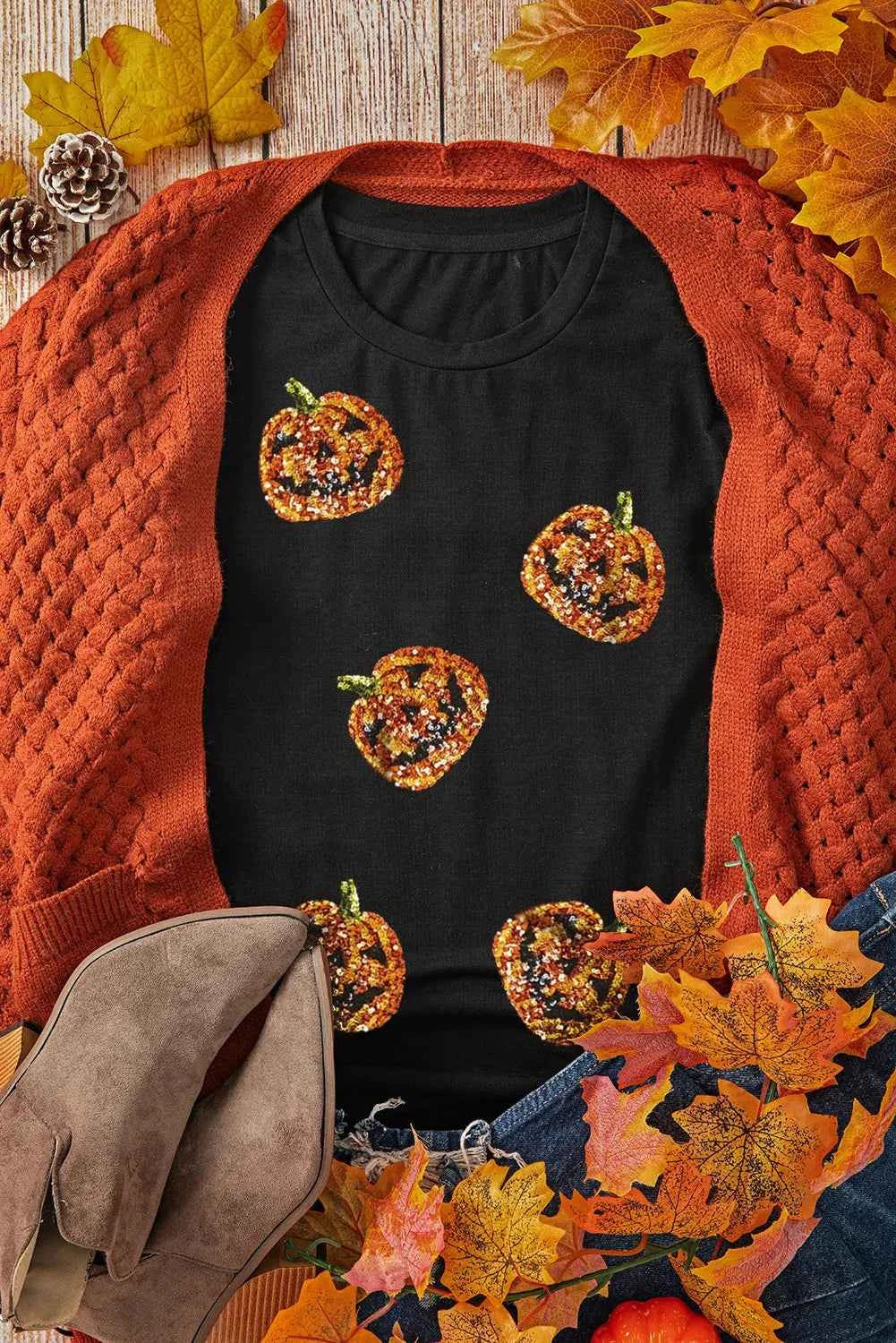 Sequin Pumpkin Round Neck Short Sleeve T-Shirt 2f4411a5-98c5-42c8-8789-e97935816dad-Max