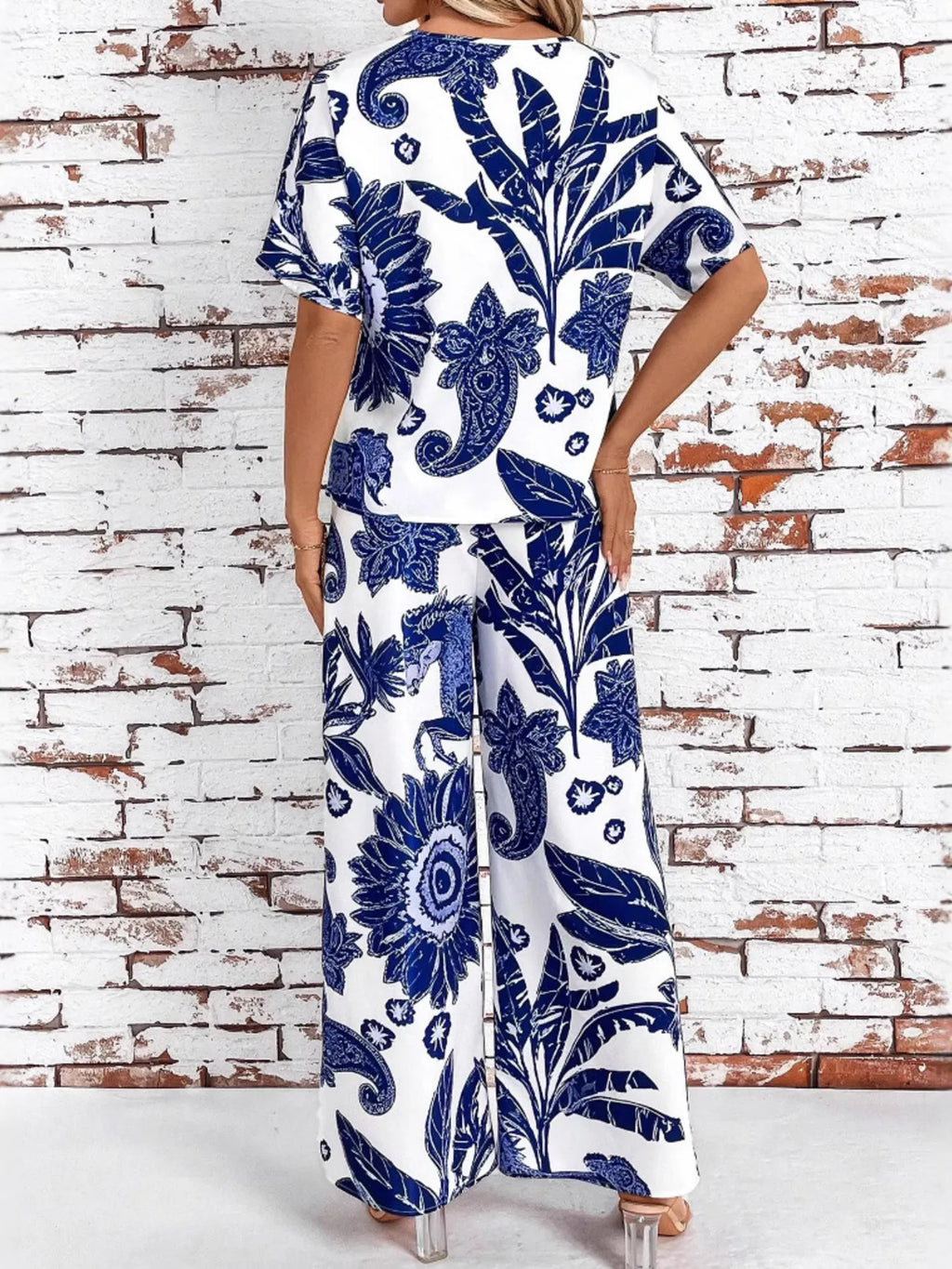 Printed V-Neck Top and Wide Leg Pants Set 2f47023c83f14f63a79702cd45b55cd5-Max-Origin