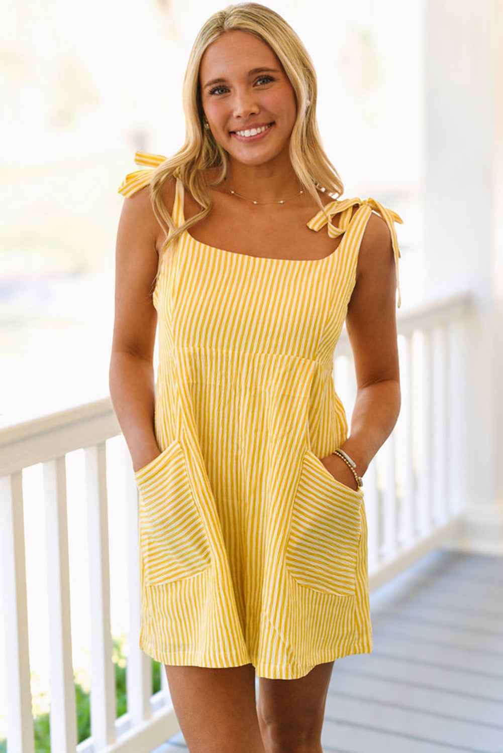 Yellow Stripe Tie Strap Smocked Back Wide Leg Romper 2f6038f337de8f2e