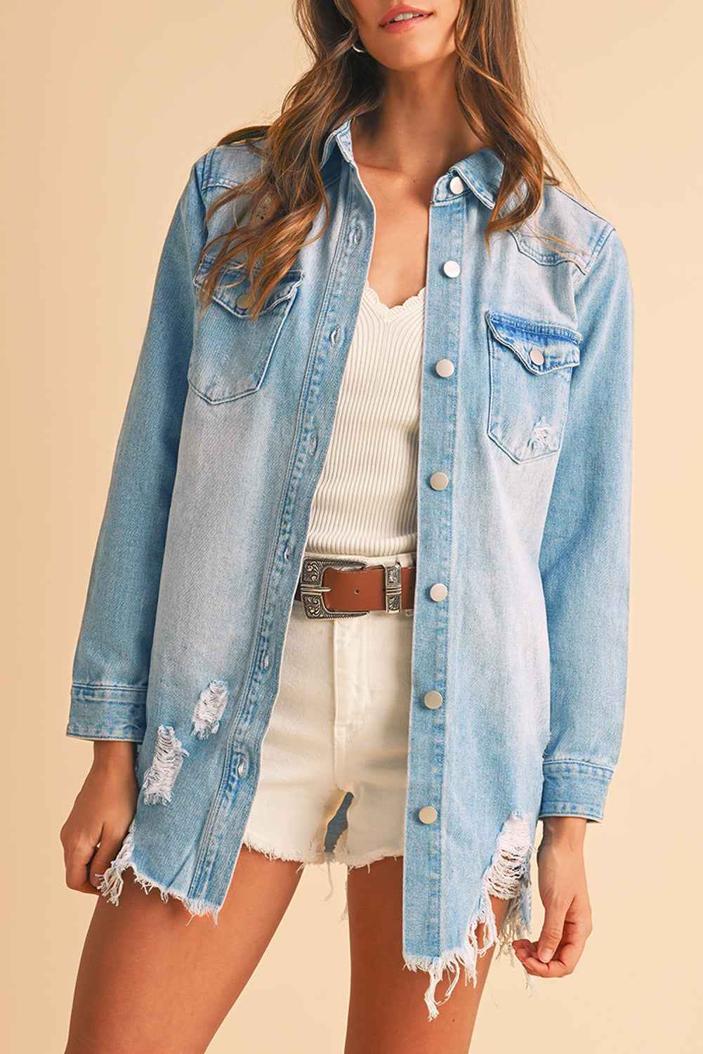Beau Blue Light Wash Distressed Frayed Long Denim Shacket Beau Blue 75%Cotton+25%Polyester 2f6229bcac726d62