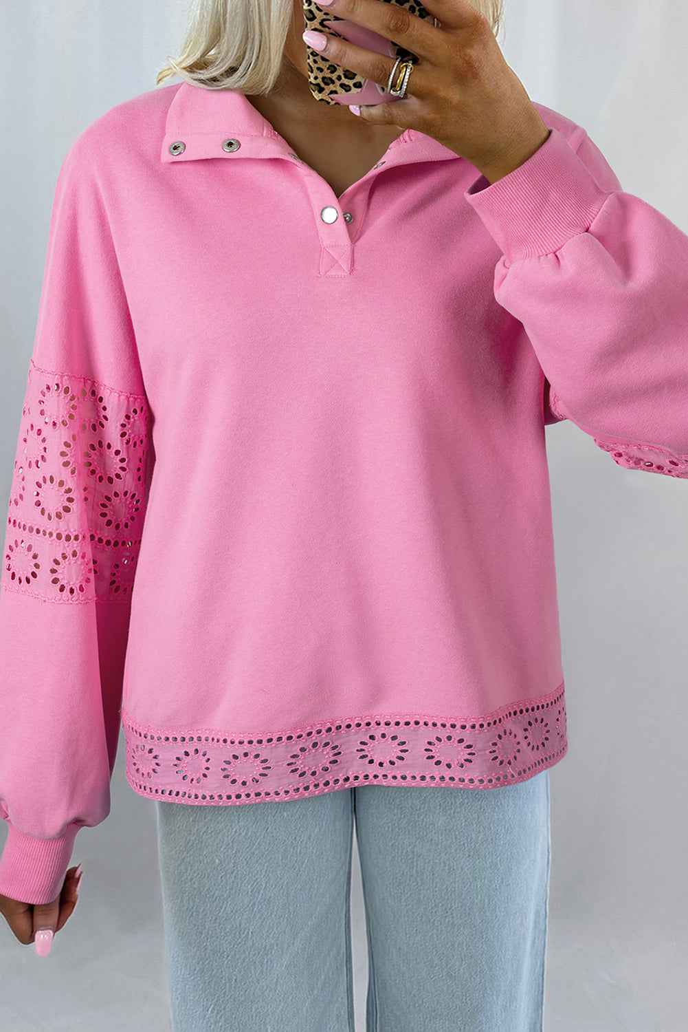 Yellow Cream Embroidered Flower Patchwork Snap Buttons Pullover Sweatshirt Bonbon 50%Polyester+50%Cotton 2f7236a6e2f67610