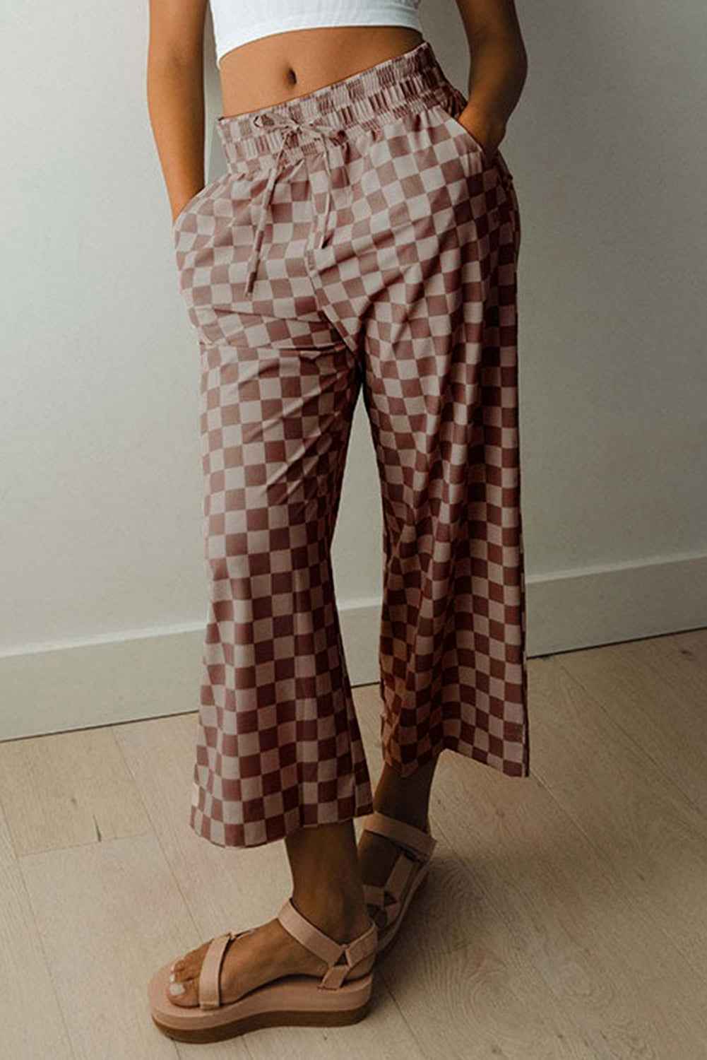 Khaki Tie Elastic Waist Checkered Loose Pants 2f74d88f0a7ba7d1
