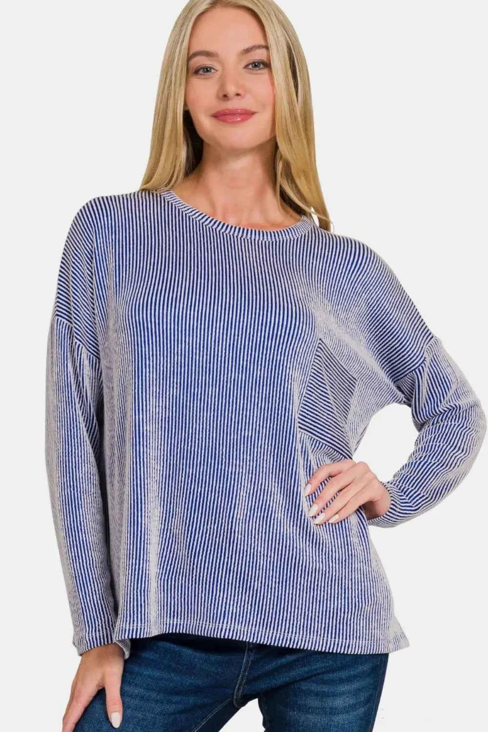 Zenana Ribbed Striped Long Sleeve T-Shirt Bright Blue 2f831ba5-8bfd-492d-aba3-f21a62581b59-Max