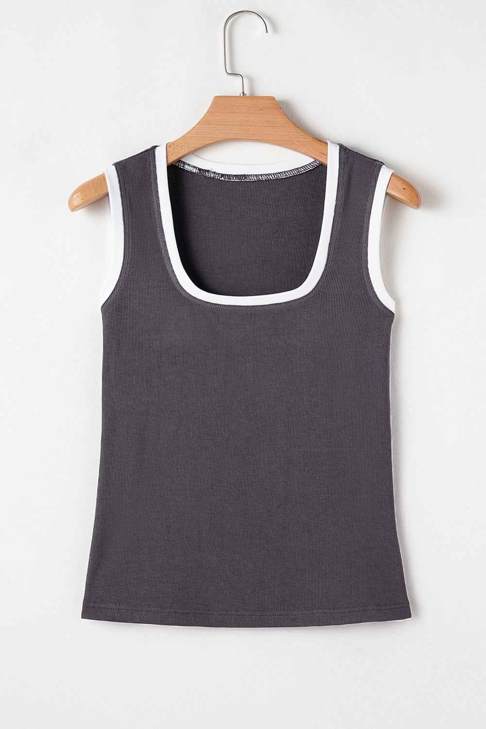 Smoke Gray Ribbed Knit Contrast Edge U Neck Slim Fit Tank Top 2fa1c931a535d5d5