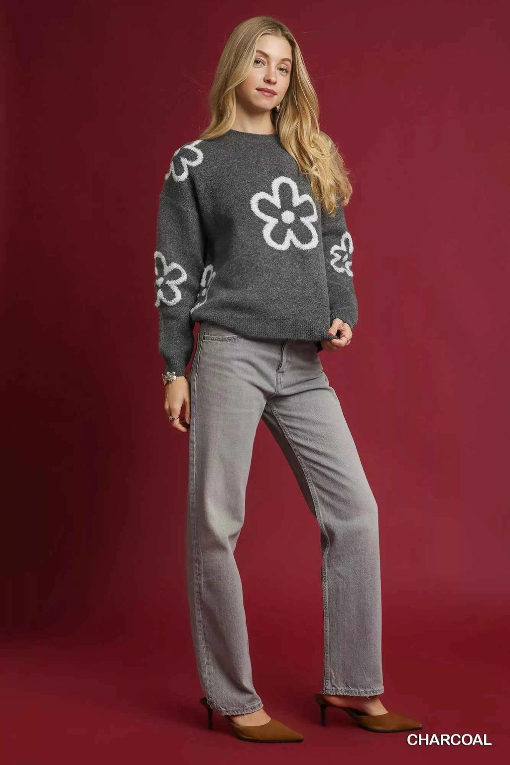 Umgee Round Neck Sweater with Pink Floral Accents 2fa2cbe9-2263-4ec8-bb83-06e73630d69f-Max-Origin