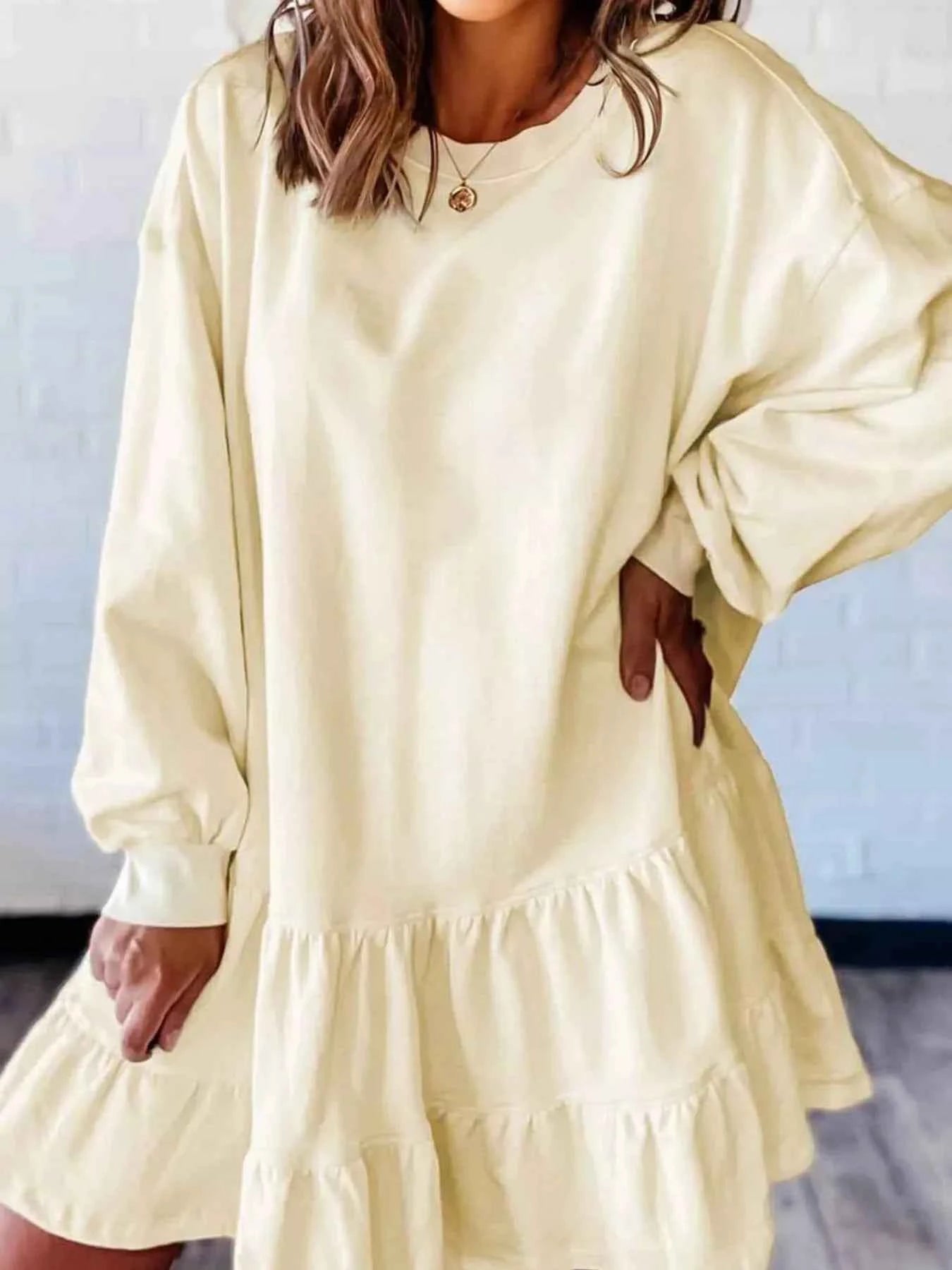 Double Tiered Ruffle Hem Long Sleeve Loose Mini Dress Cream 2fa71bdf04914ba0b7da0668be4dfda4-Max-Origin