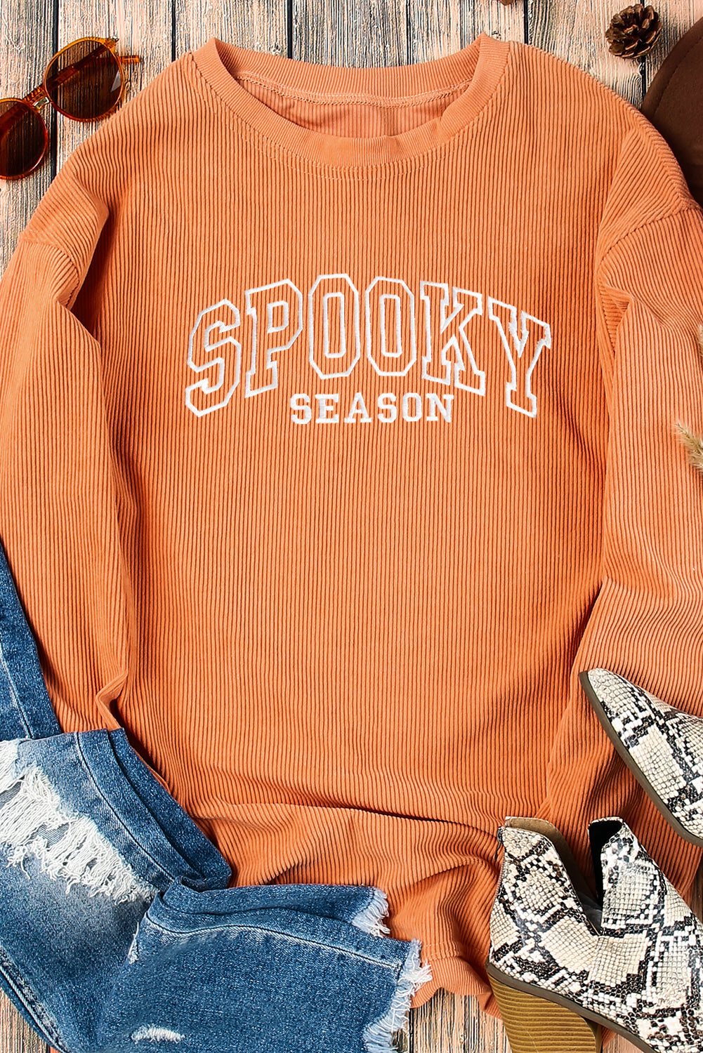 Orange SPOOKY SEASON Embroidered Letter Graphic Twisted Ribbed Sweatshirt Orange-3 100%Polyester 2fd0c3a566709b89