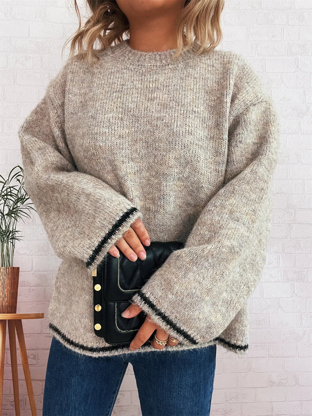 Contrast Trim Round Neck Cozy Sweater 2fe6ab78a9f848368d6662db5295a6ad-Max-Origin