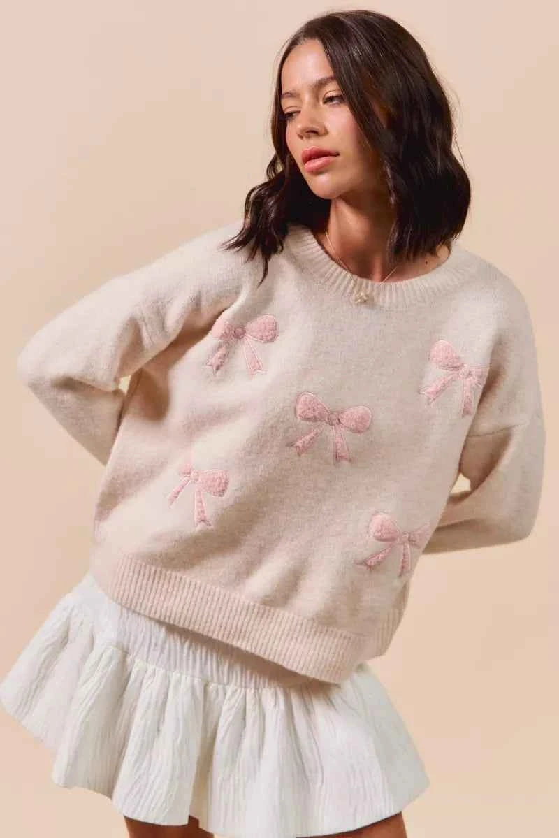 SO ME Embroidered Ribbon Round Neck Sweater 2ff677b5a4b148a78145a6d94cf82830-Max-Origin