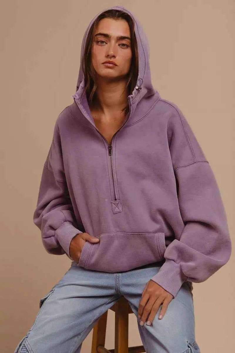 BiBi Stitch Detailed Elastic Hem Half Zip Fleece Hoodie 2ff829be-b311-4c18-8c6d-1a5d0f41bd9d-Max-Origin