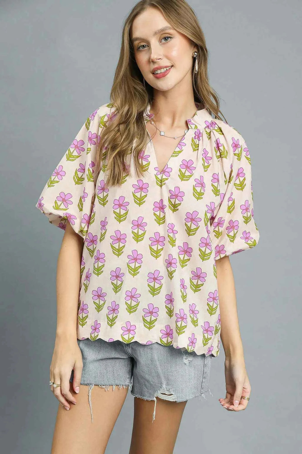 Umgee Floral Print Puff Sleeve Blouse Pink Purple 3003e128-59ab-4c7e-ae40-cfc3c4413a9c-Max-Origin