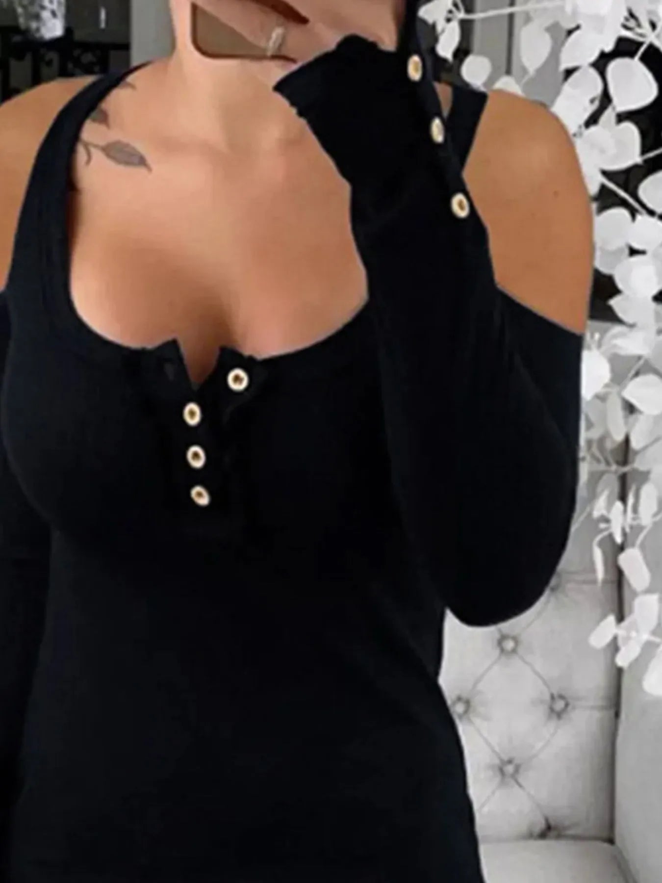 Cold Shoulder Ribbed Henley T-Shirt with Button Detail Black 300c7f47-dbbe-4717-a786-c7bc2468509f-Max-Origin