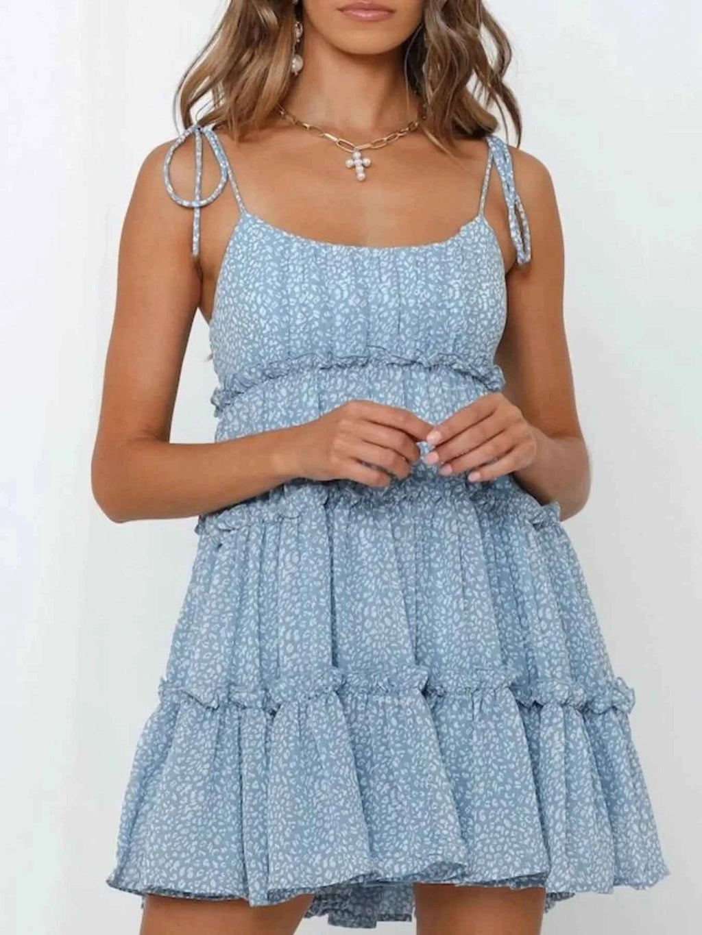 Printed Tie-Strap Tiered Mini Dress Light Blue 300ce46d-73ca-4b8c-bb34-8372d32d1d6b-Max-Origin