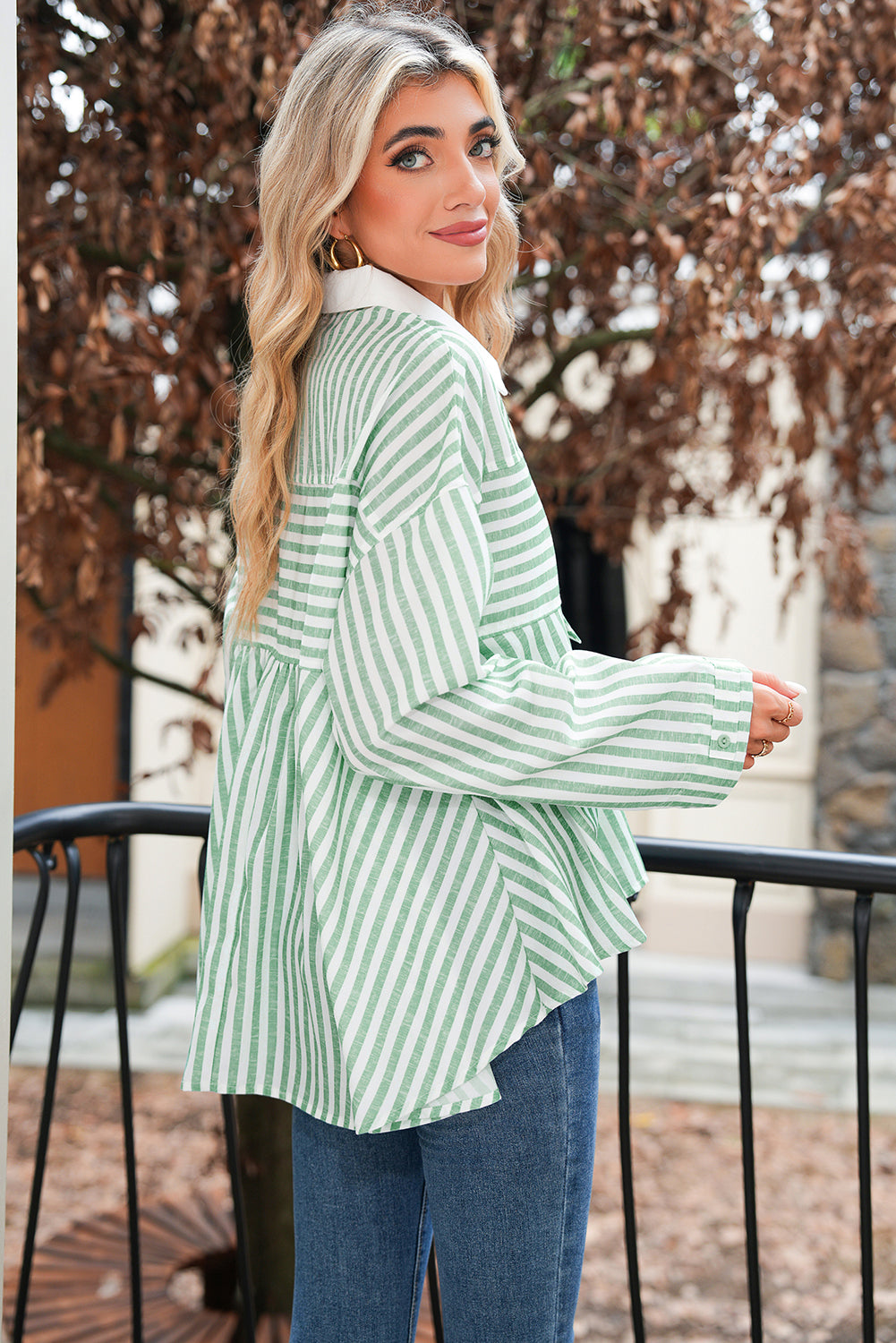 Green Striped Zipper Collar Long Sleeve Top 30100f8931277ccf