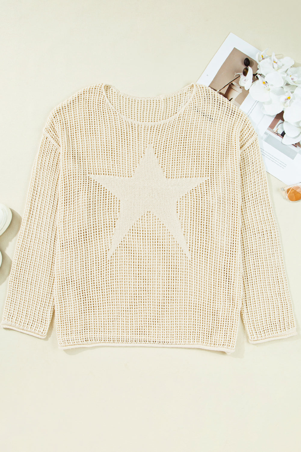 Parchment Hollow Out Knit Star Pattern Plus Size Sweater 301245d3502d423c