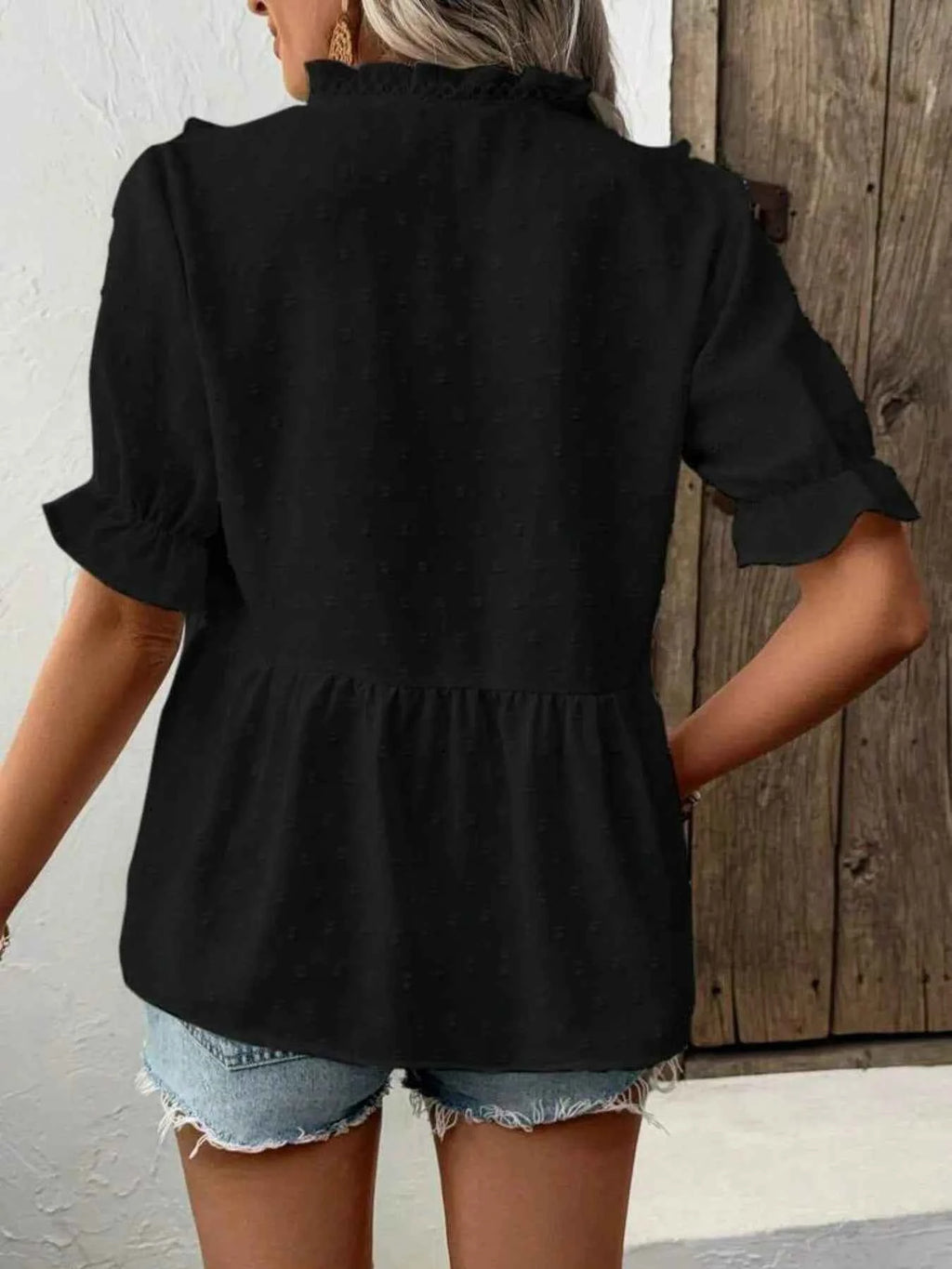 Swiss Dot Ruffled V-Neck Blouse with Flounce Sleeves 3018d41354bc457f80ddfe4c4c7844d4-Max-Origin