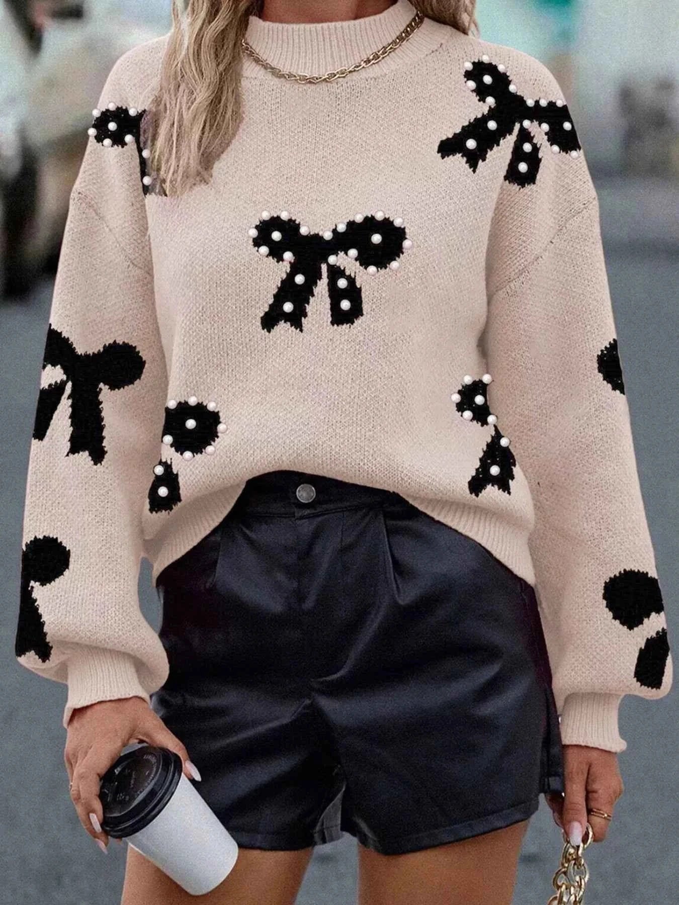 Pearl Embellished Bow Pattern Loose Sweater Dust Storm 302034021e7f4404b480bc0009d837ae-Max-Origin