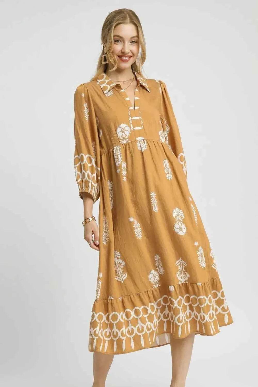 Umgee Ruffled Hem Printed Johnny Collar Midi Dress Mustard 302540bb-01ac-46ee-bf6e-eaa86f20aaca-Max-Origin