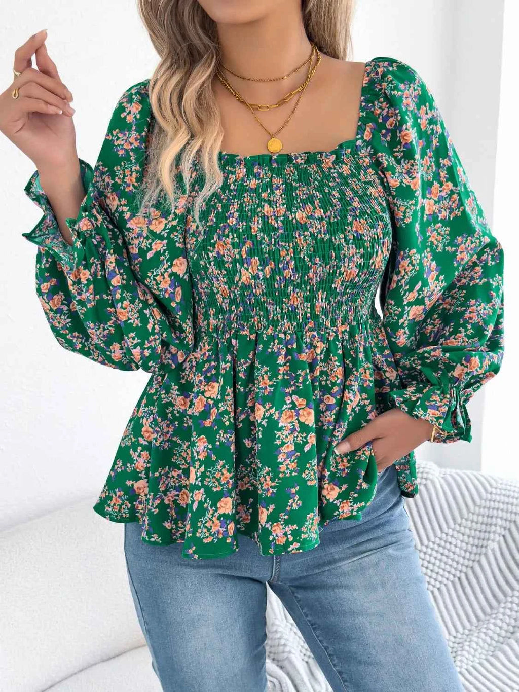 Floral Square Neck Flounce Sleeve Blouse 302f1e8c-f032-4bb0-a97a-d23deef80f52-Max-Origin