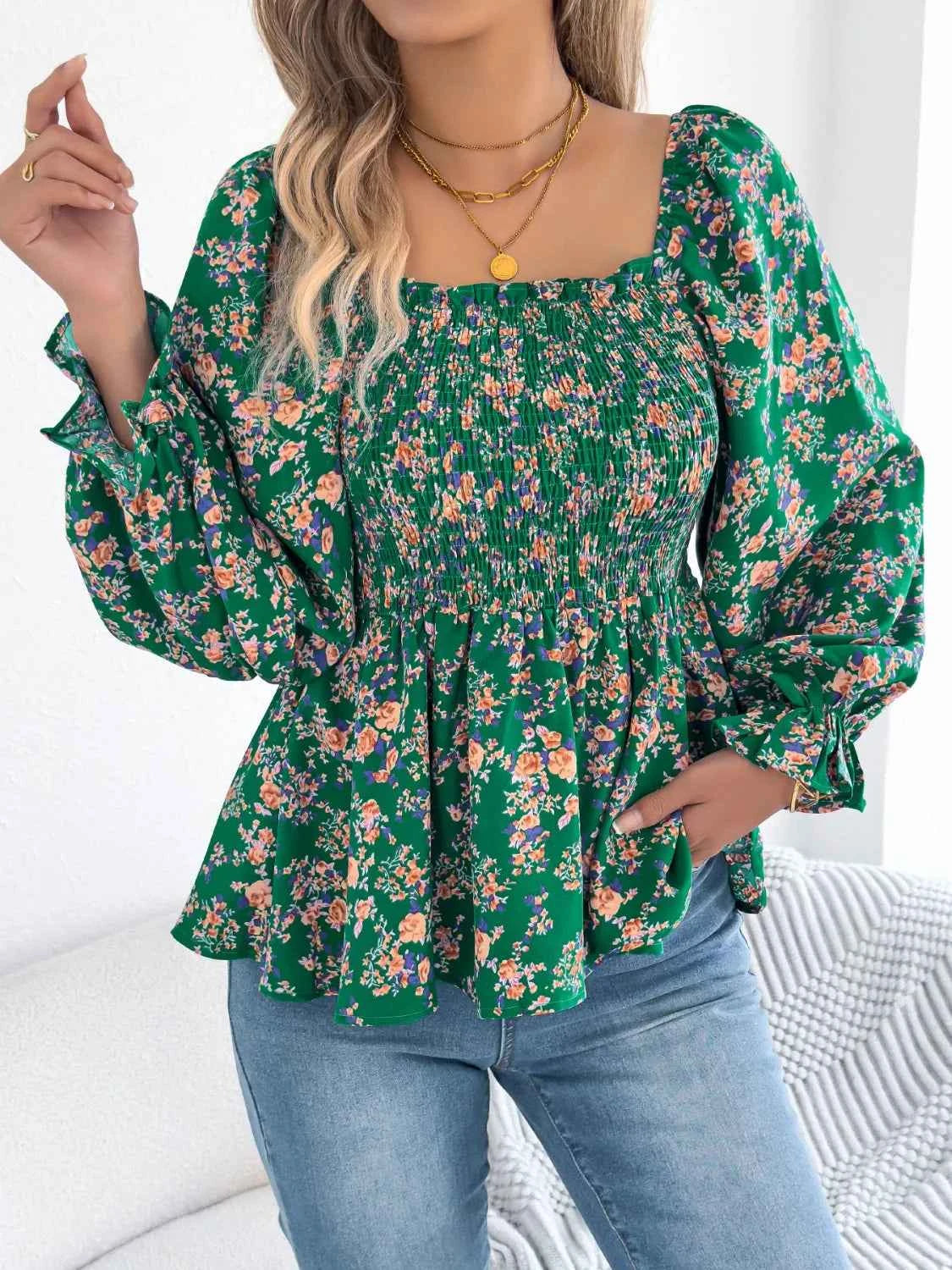 Floral Square Neck Flounce Sleeve Blouse 302f1e8c-f032-4bb0-a97a-d23deef80f52-Max-Origin