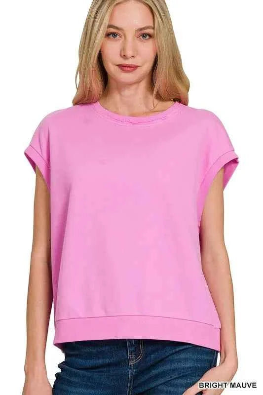 Zenana French Terry Round Neck Cap Sleeve T-Shirt BRIGHT MAUVE 305e497e1c4d4cc89cb45100dc39373f-Max-Origin