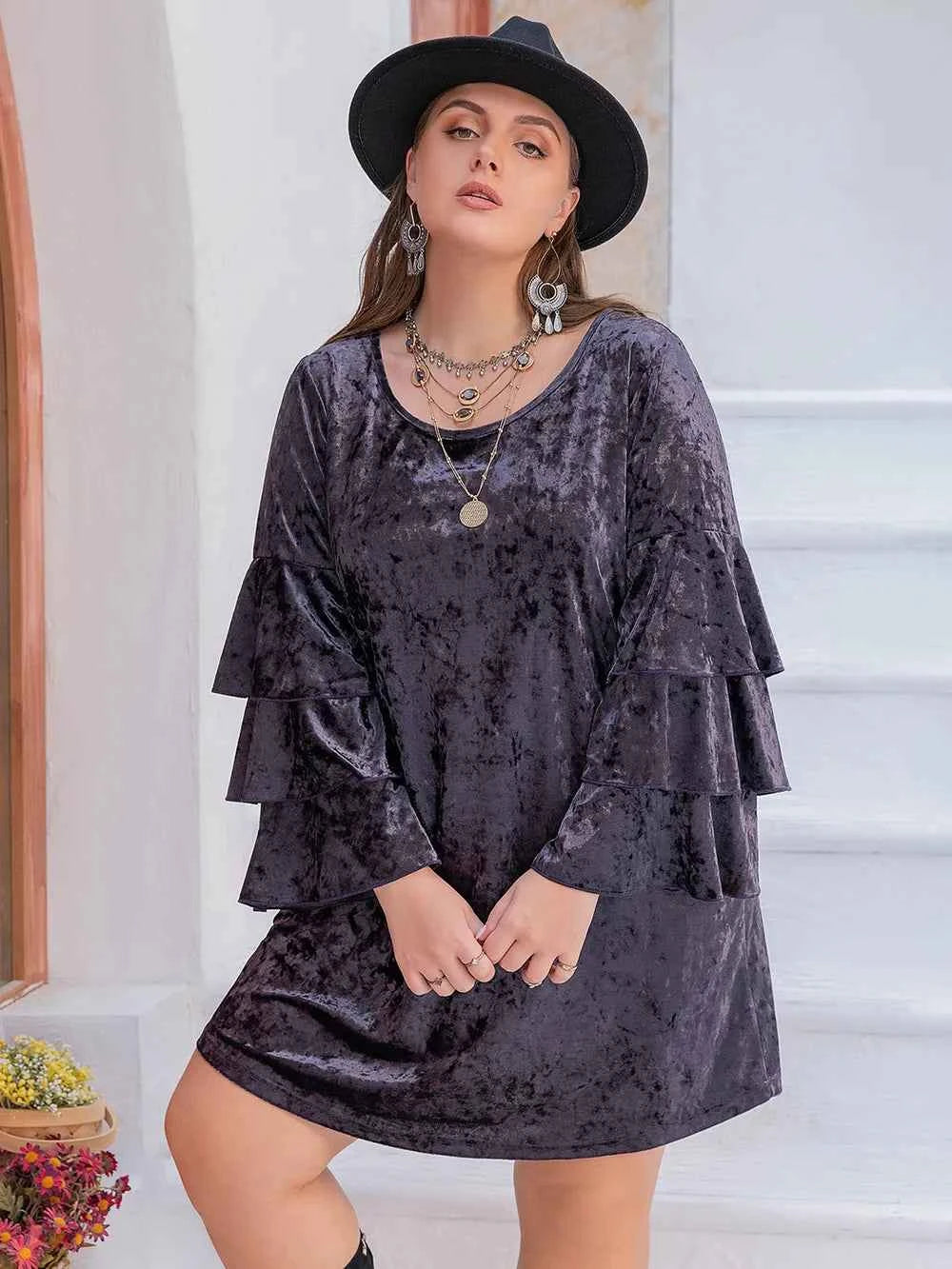 Plus Size Round Neck Flounce Sleeve Mini Dress Mauve 308f7d6a-29e8-47e5-8d85-f417af69464f-Max