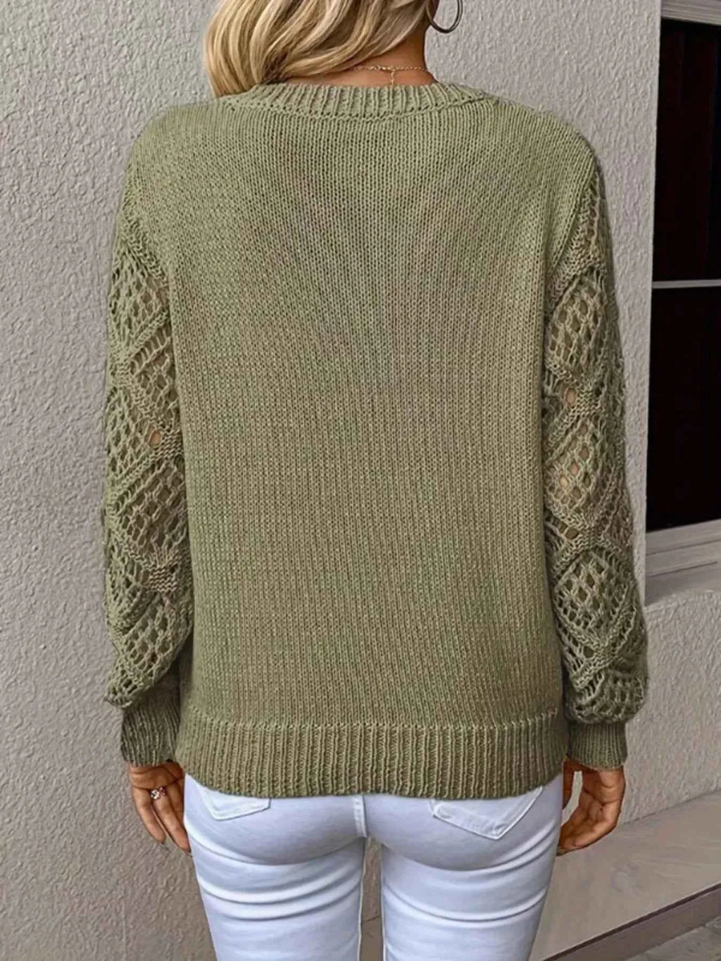 Openwork V-Neck Long Sleeve Sweater 3090153475d042c2ae05749755106440-Max-Origin