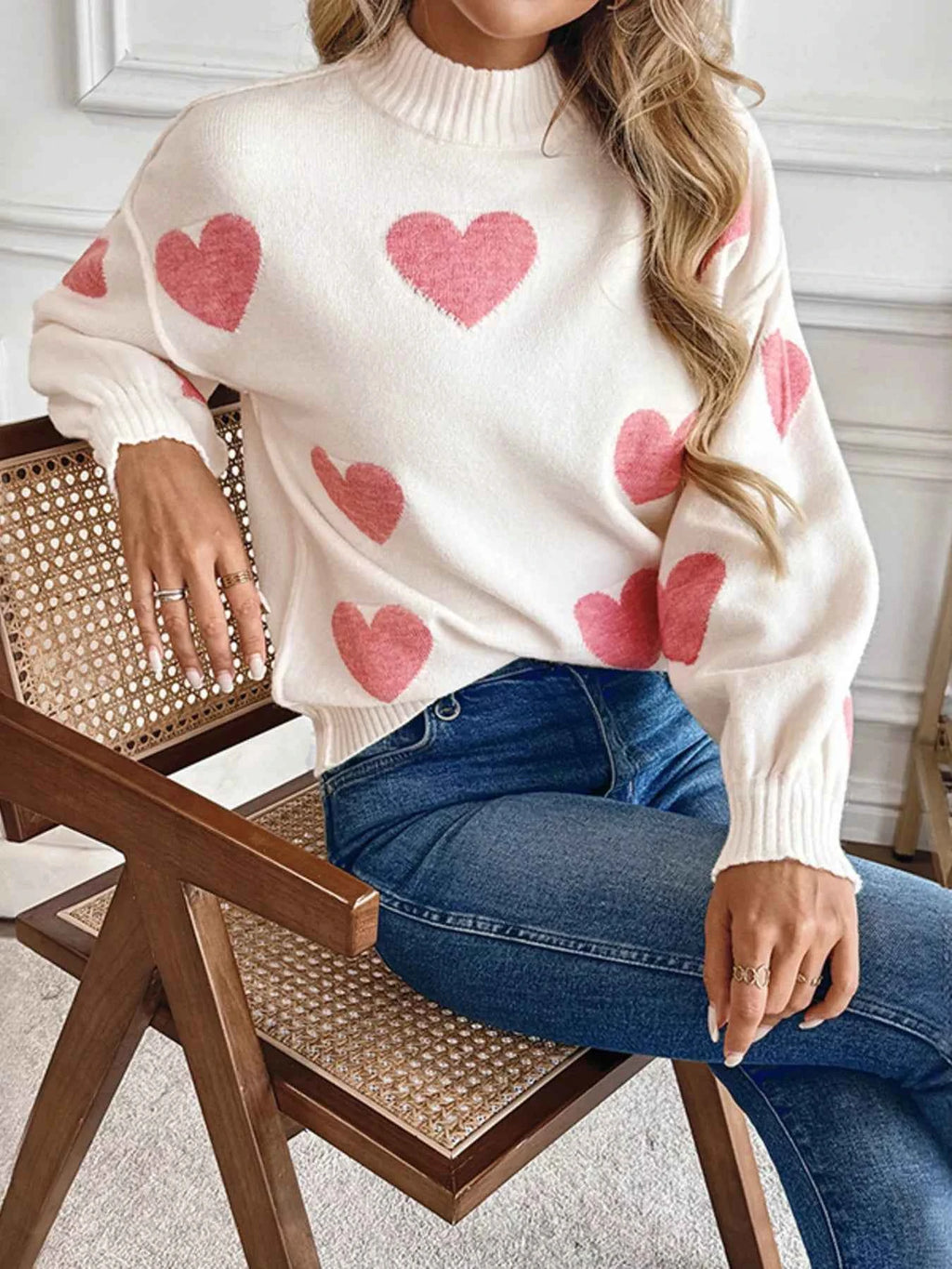 Heart Mock Neck Long Sleeve Sweater 30a48c6597a14527a8b86b688abdfada-Max-Origin
