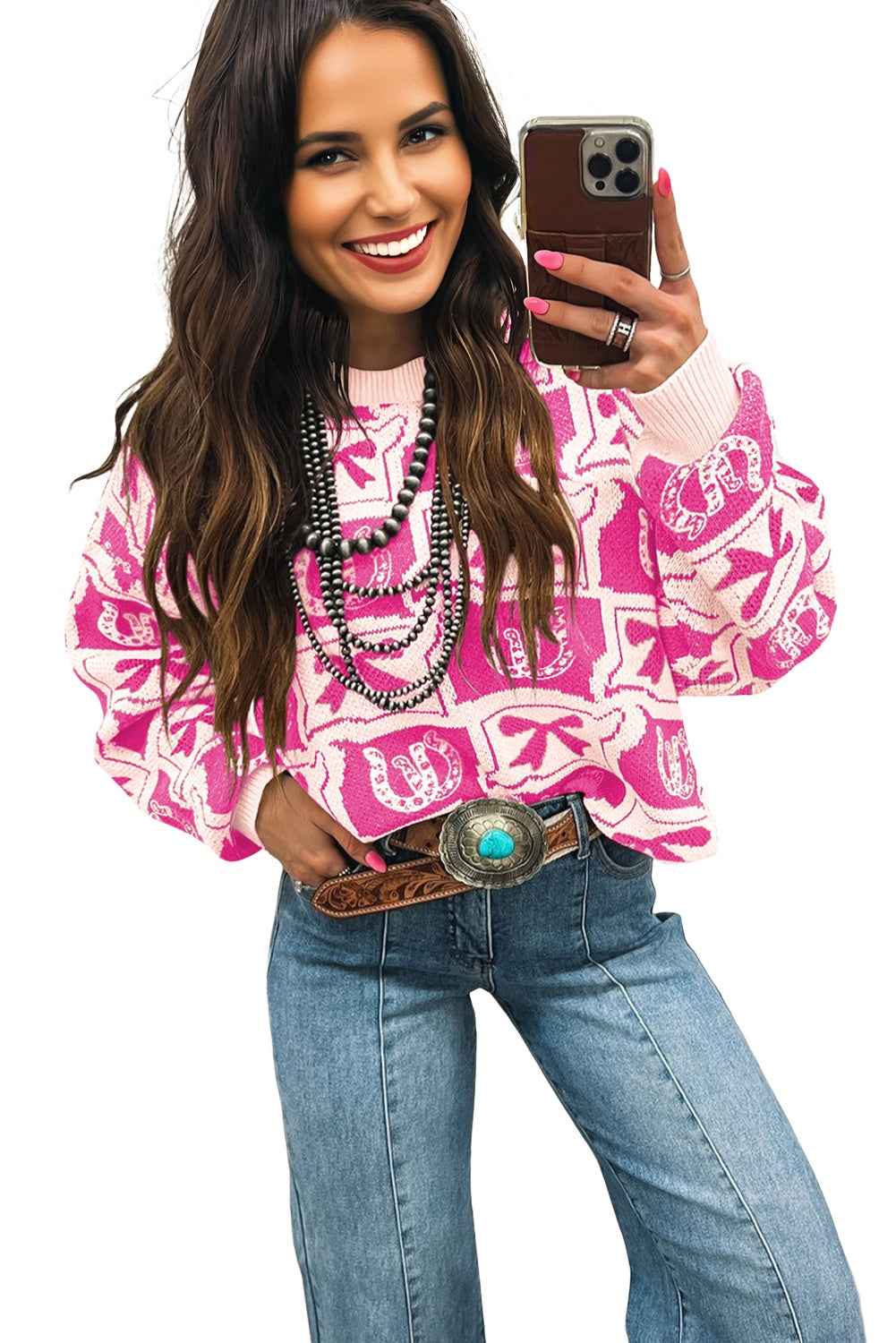Pink Colorblock Bow Pattern Drop Sleeve Sweater Pink 52%Viscose+26%Polyester+22%Polyamide 30a5939cdf9bf7c1